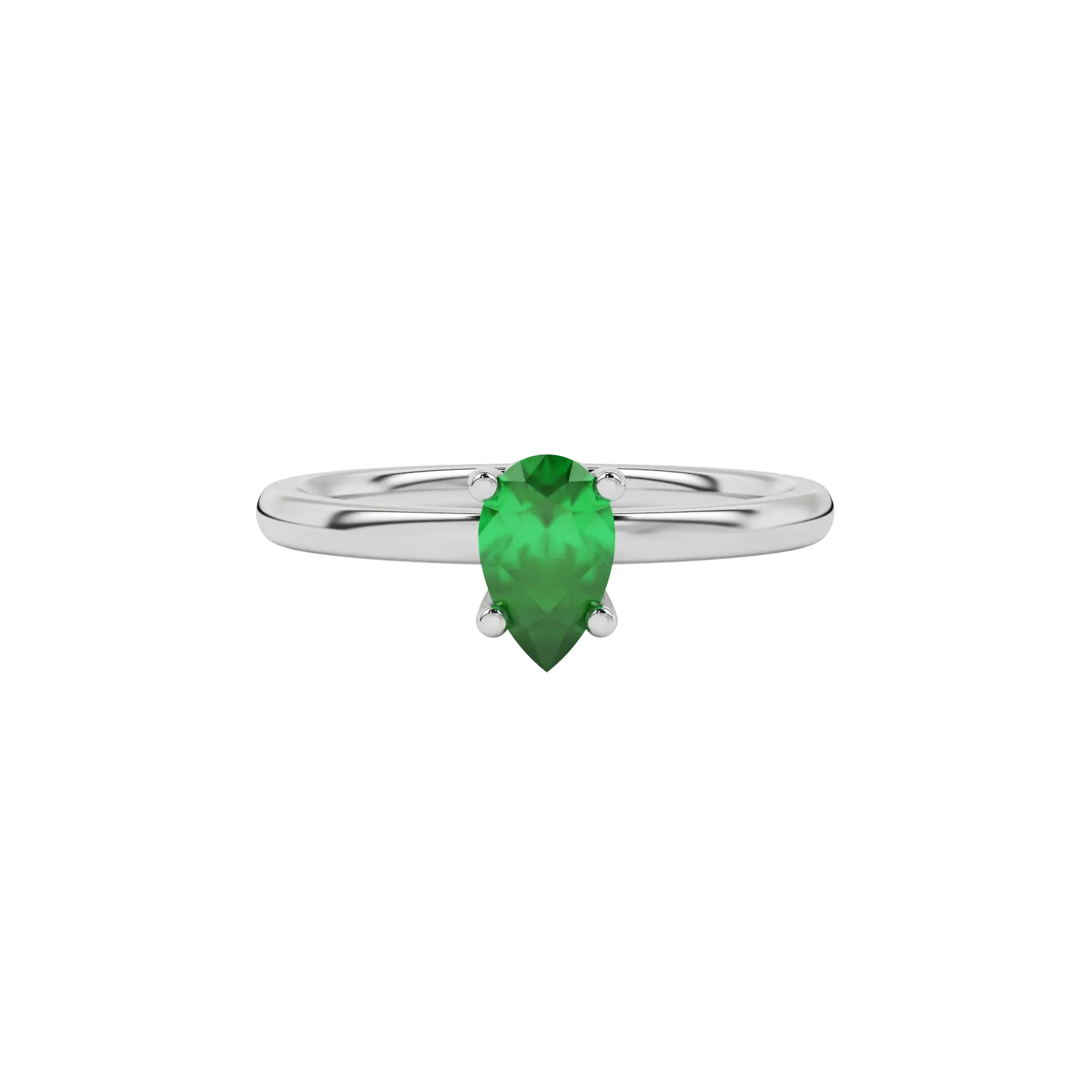 Close-up emerald green gemstone ring, white gold lotus basket.