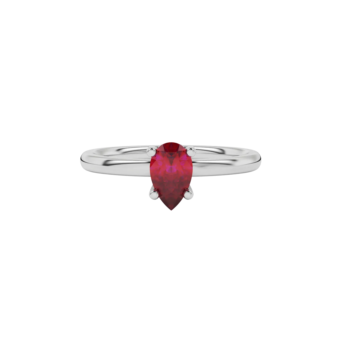 Close-up raspberry red gemstone ring, white gold lotus basket.
