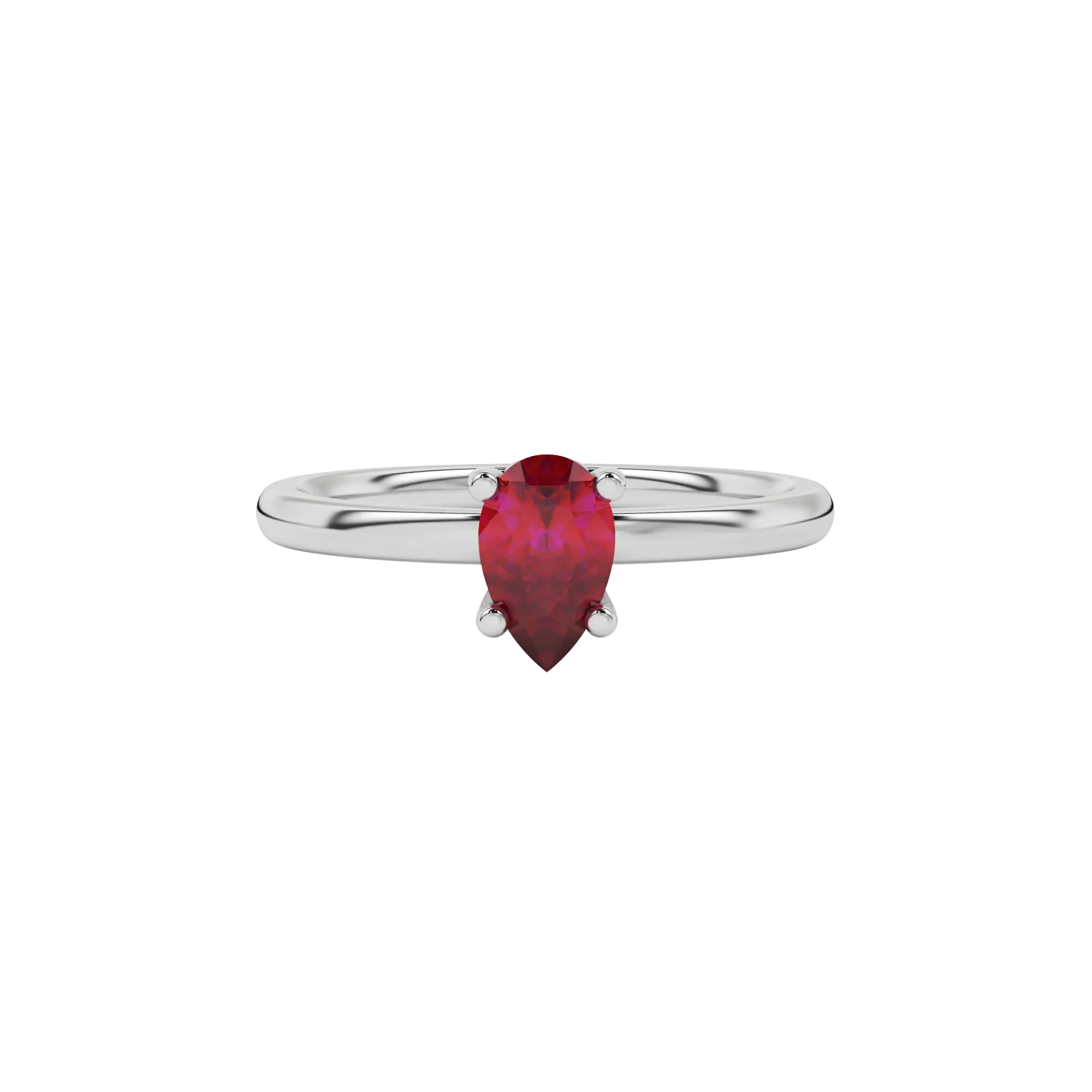Close-up raspberry red gemstone ring, white gold lotus basket.