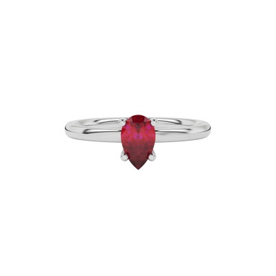 Close-up raspberry red gemstone ring, white gold lotus basket.