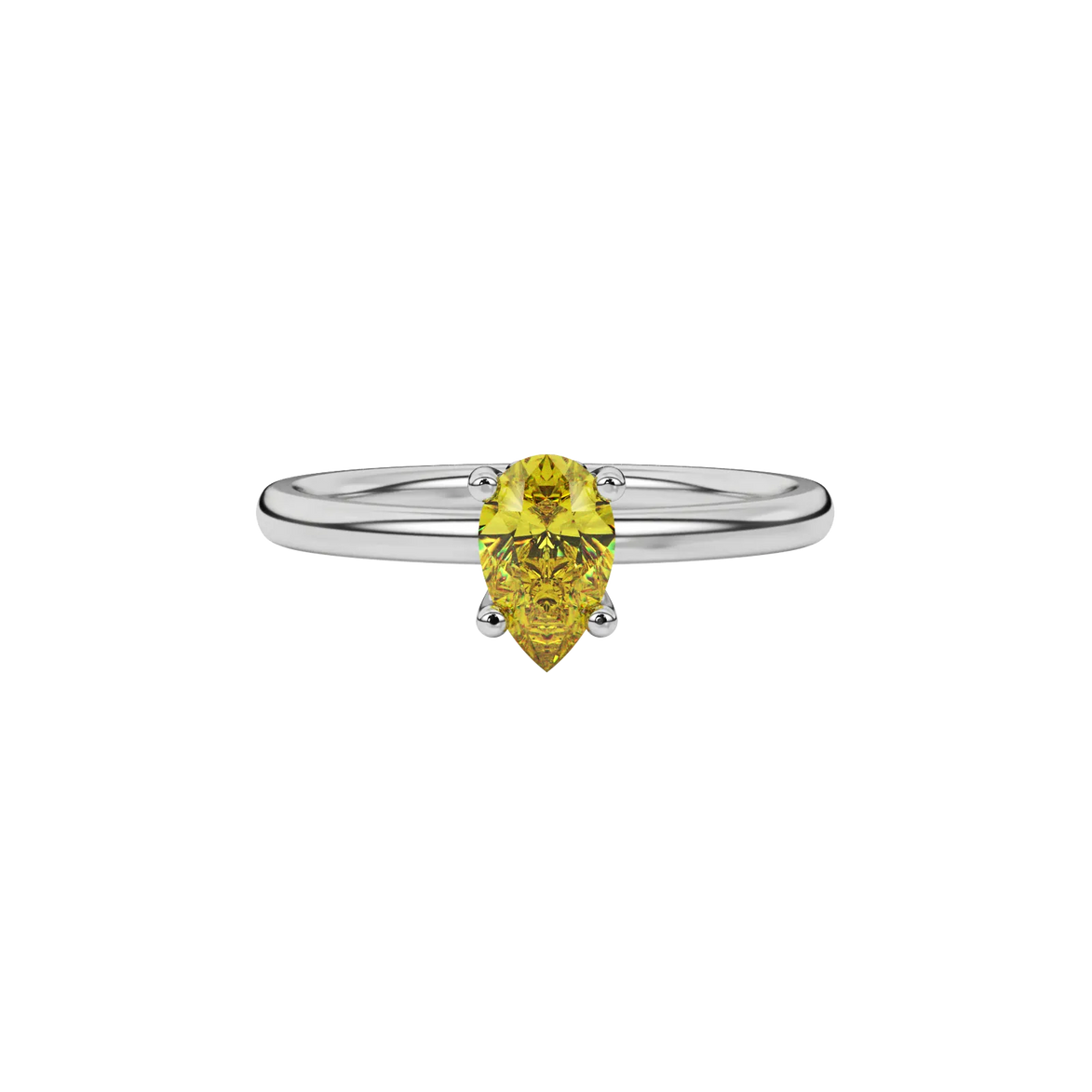 Close-up canary yellow gemstone ring, white gold lotus basket