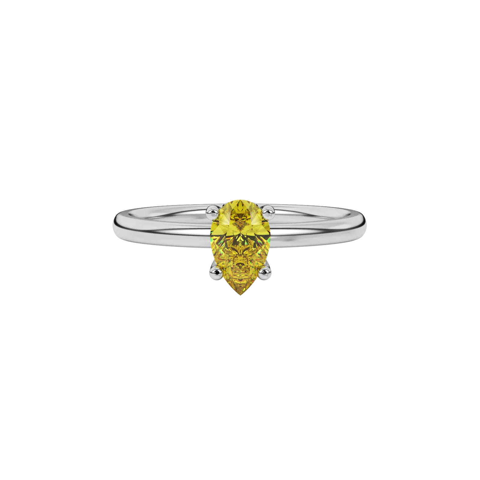 Close-up canary yellow gemstone ring, white gold lotus basket