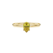 Close-up, pear shape canary yellow gemstone, yellow gold lotus basket ring.