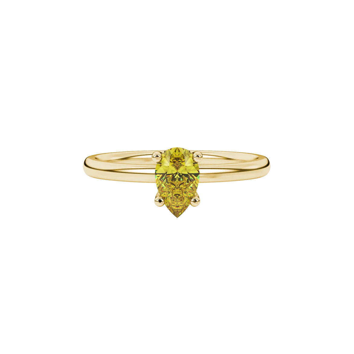 Close-up, pear shape canary yellow gemstone, yellow gold lotus basket ring.