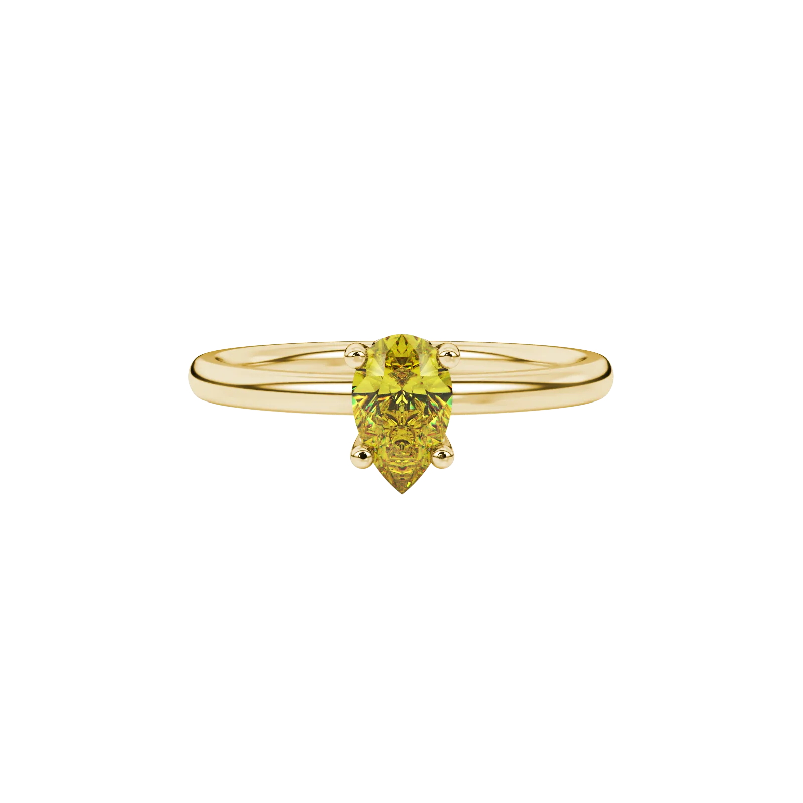 Close-up, pear shape canary yellow gemstone, yellow gold lotus basket ring.