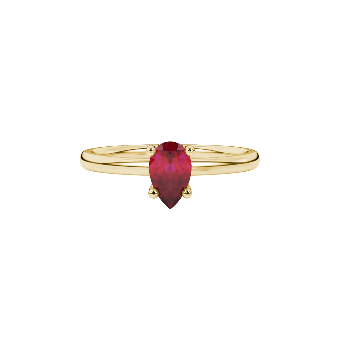 Close-up, pear shape raspberry red gemstone, yellow gold lotus basket ring.