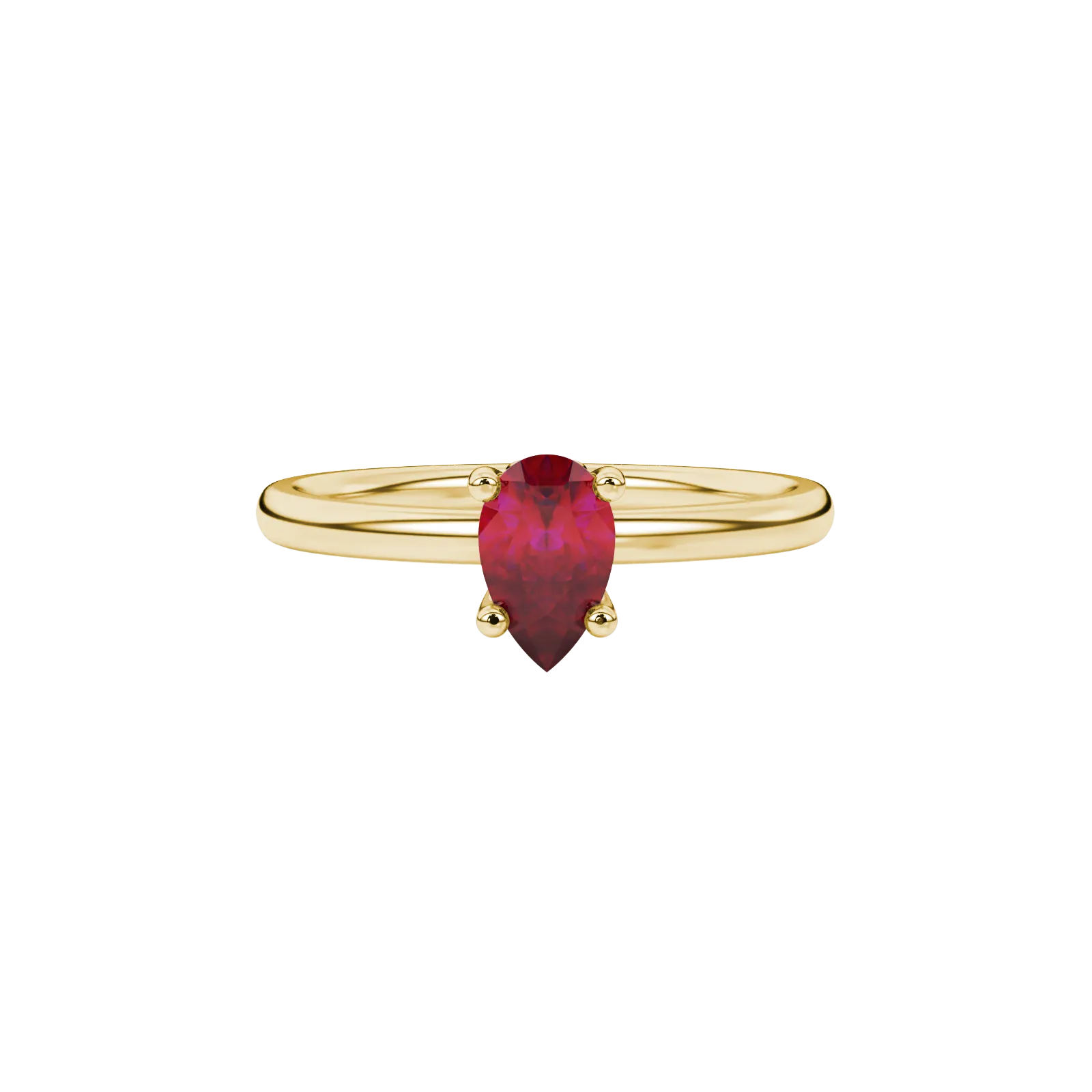 Close-up, pear shape raspberry red gemstone, yellow gold lotus basket ring.