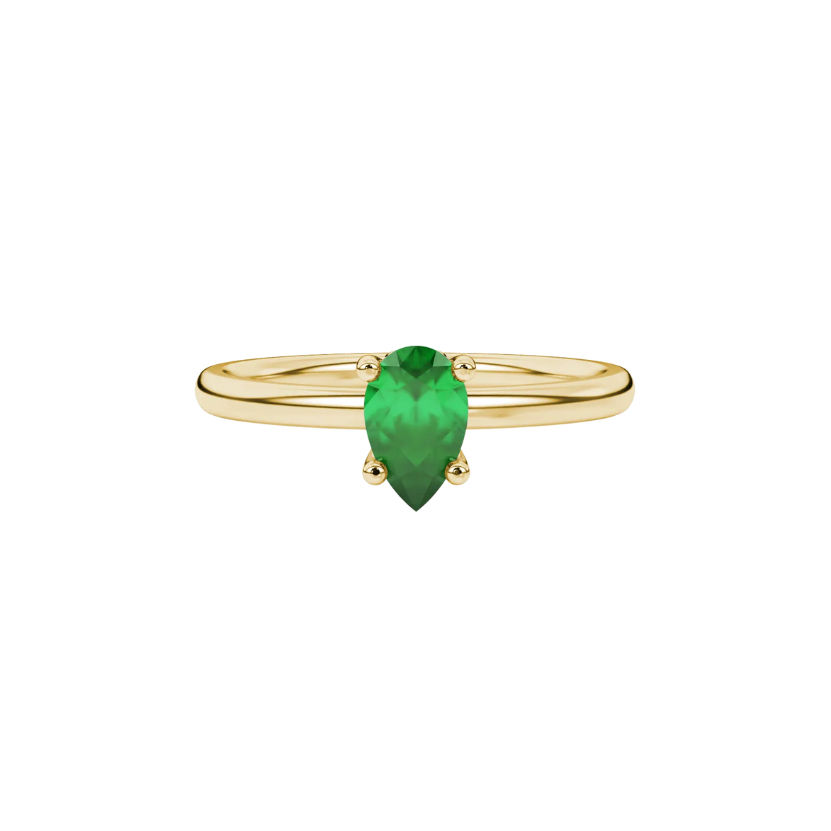 Close-up, pear shape emerald green gemstone, yellow gold lotus basket ring.