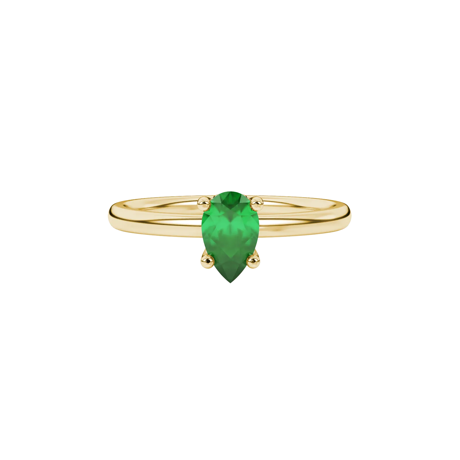 Close-up, pear shape emerald green gemstone, yellow gold lotus basket ring.