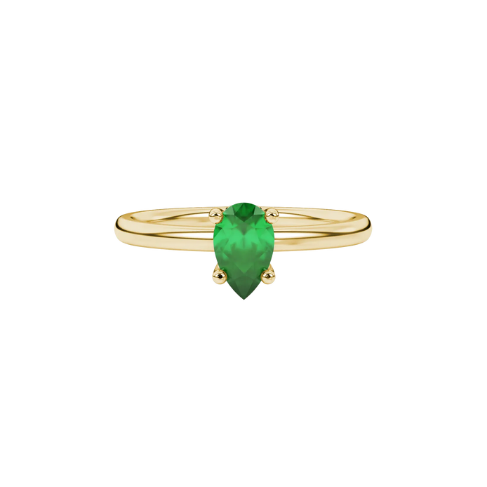 Close-up, pear shape emerald green gemstone, yellow gold lotus basket ring.