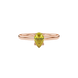 Close-up, pear shape canary yellow gemstone ring, rose gold lotus basket.