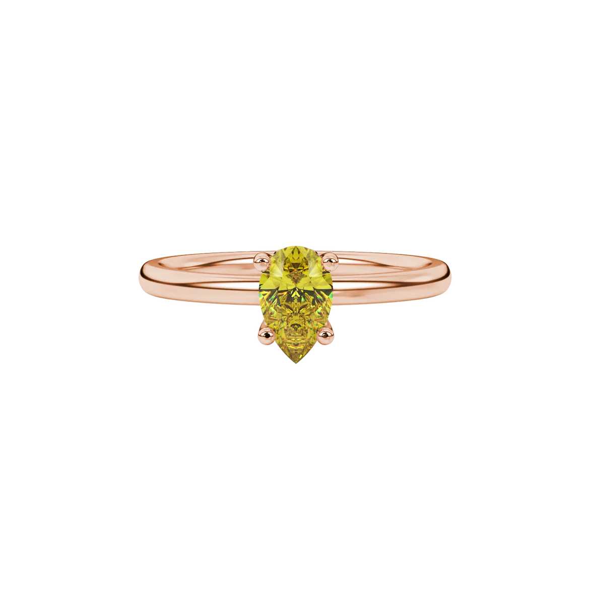 Close-up, pear shape canary yellow gemstone ring, rose gold lotus basket.