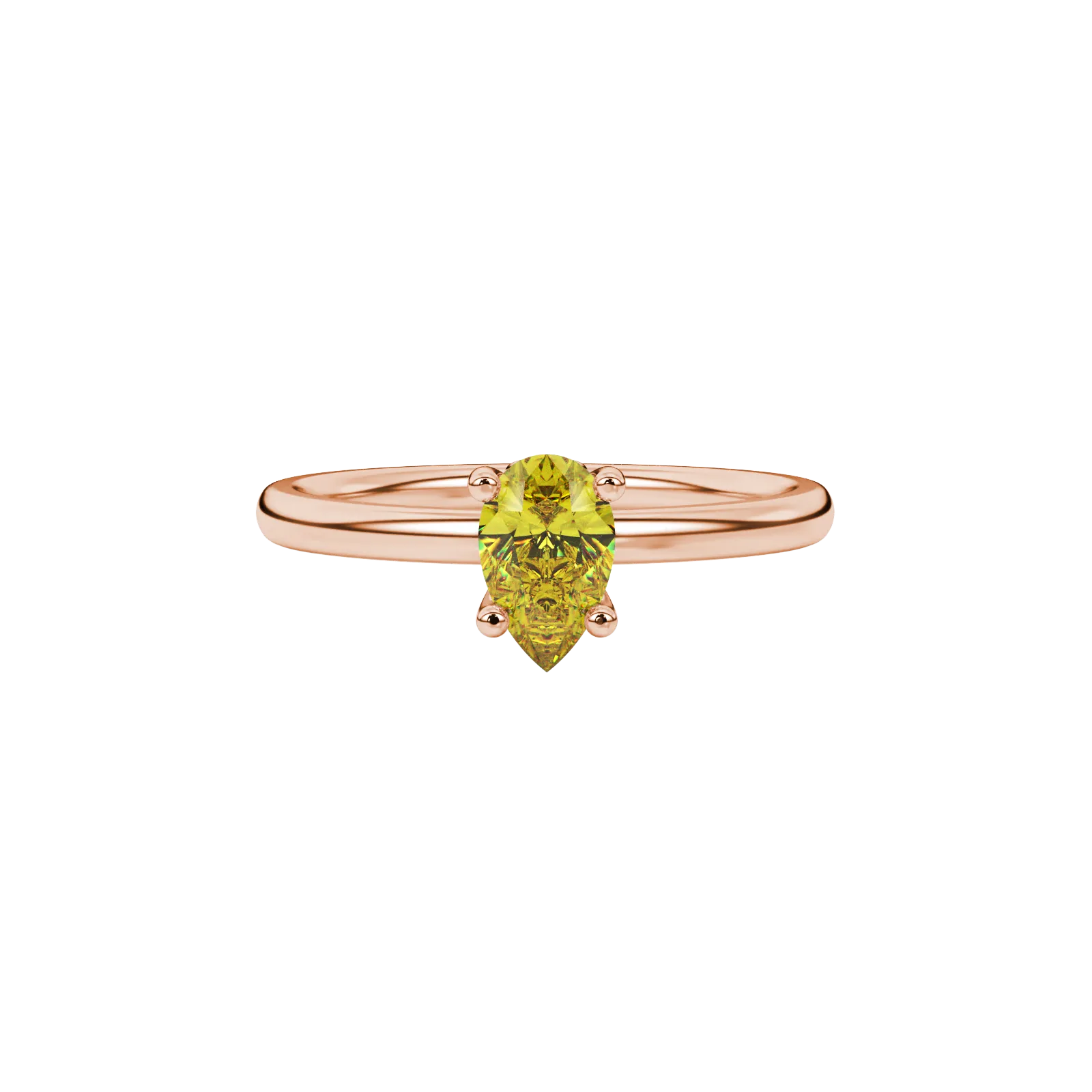 Close-up, pear shape canary yellow gemstone ring, rose gold lotus basket.