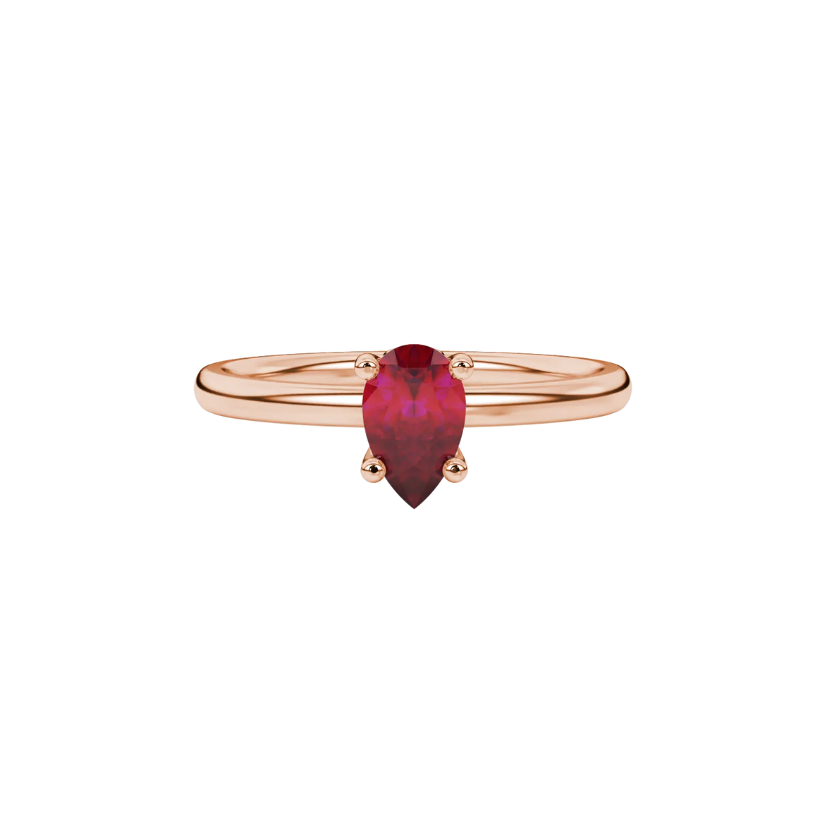 Close-up, pear shape raspberry red gemstone ring, rose gold lotus basket.