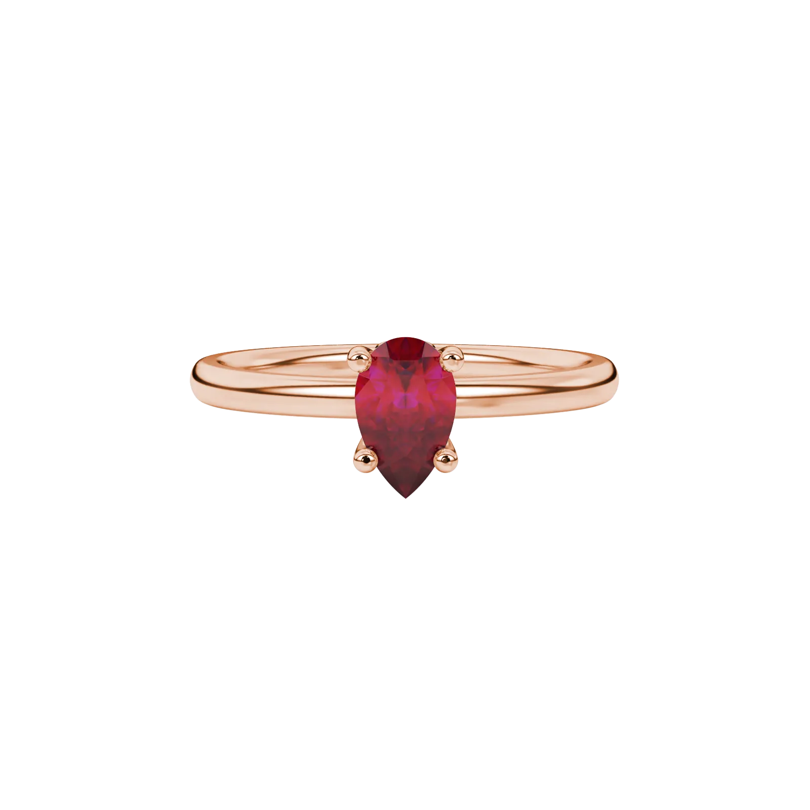 Close-up, pear shape raspberry red gemstone ring, rose gold lotus basket.