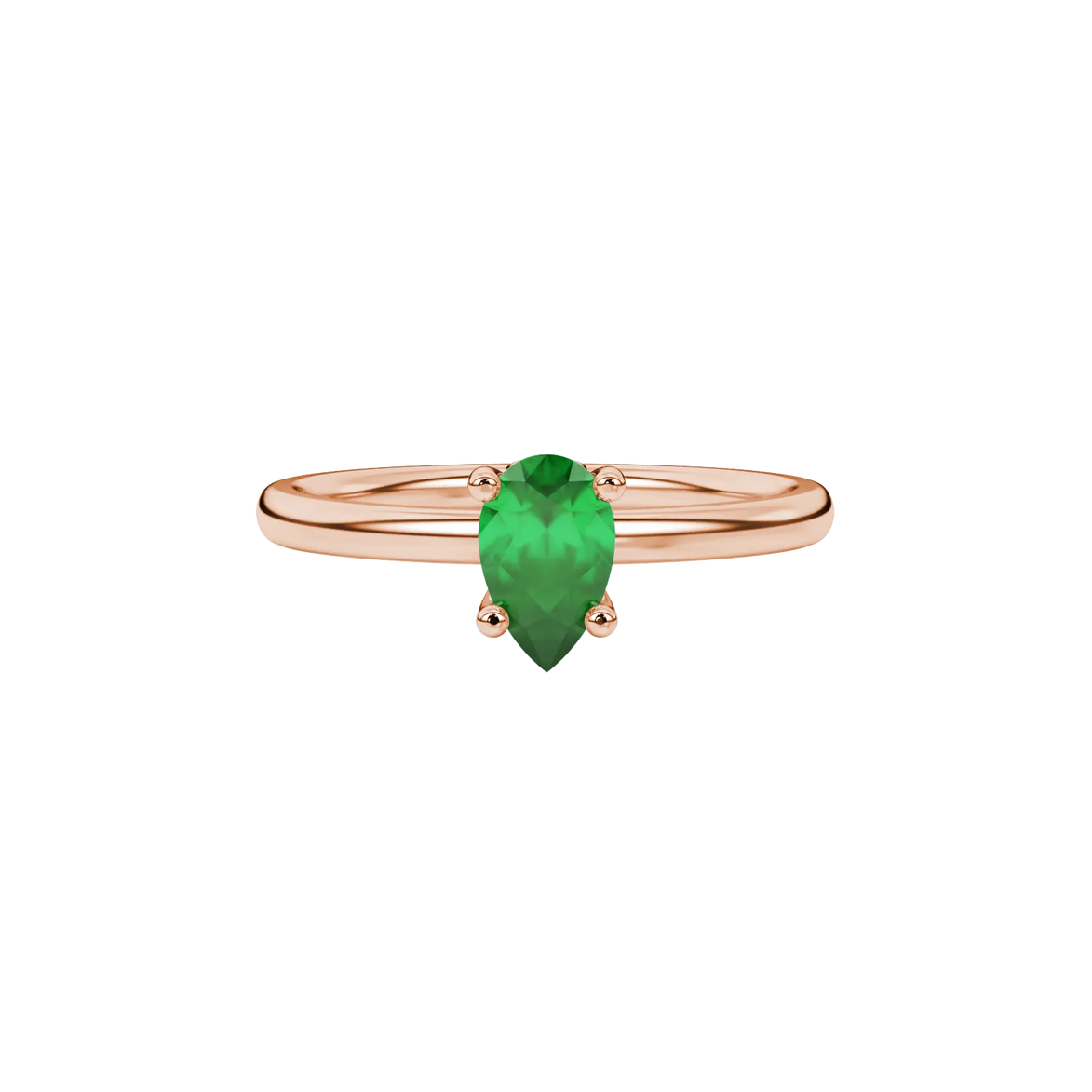 Close-up, pear shape emerald green gemstone ring, rose gold lotus basket.