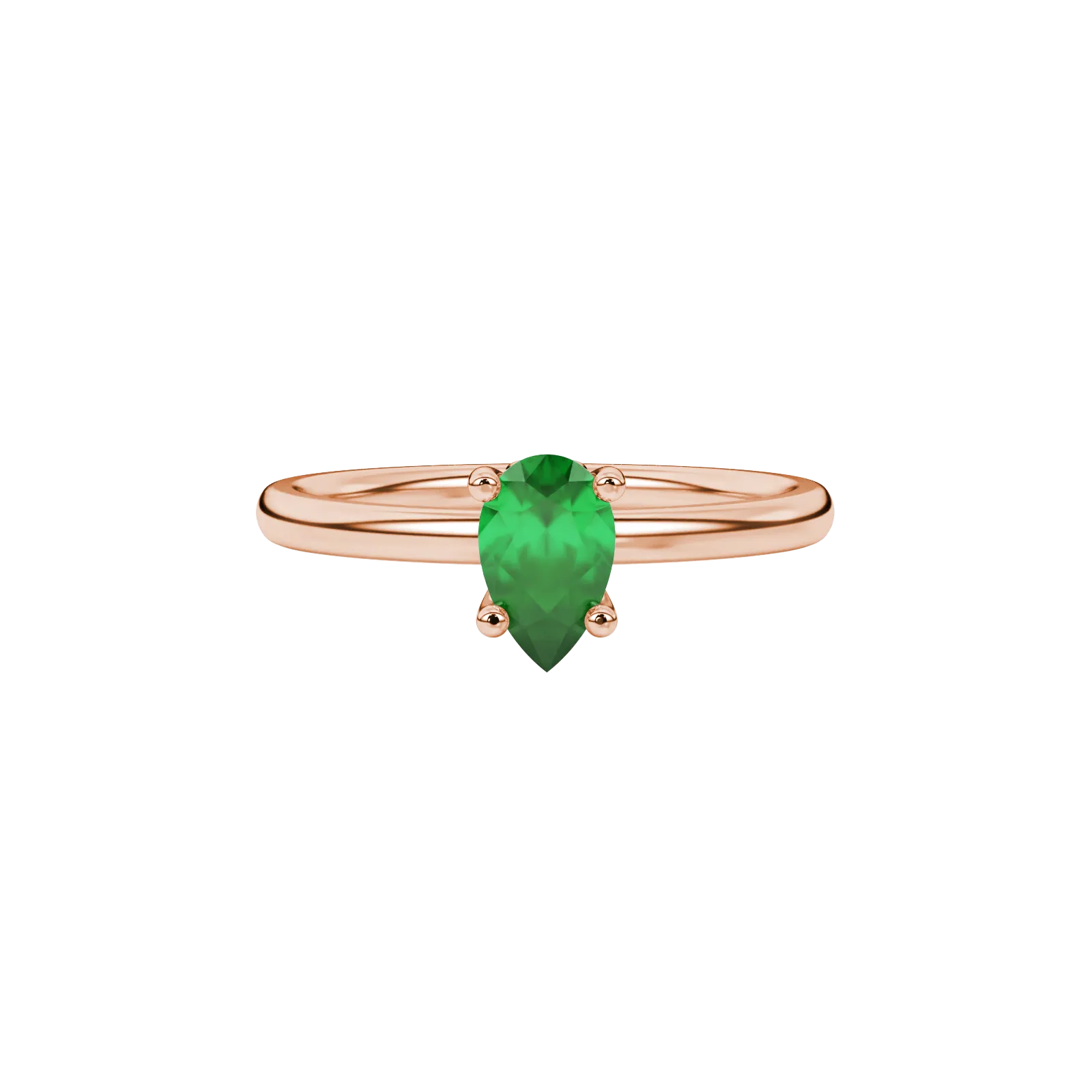 Close-up, pear shape emerald green gemstone ring, rose gold lotus basket.