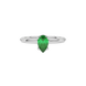 Close-up emerald green gemstone ring, white gold pavé basket.