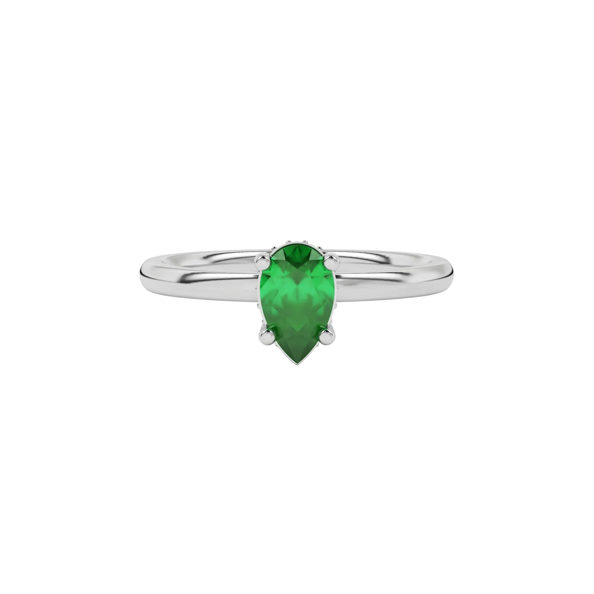 Close-up emerald green gemstone ring, white gold pavé basket.