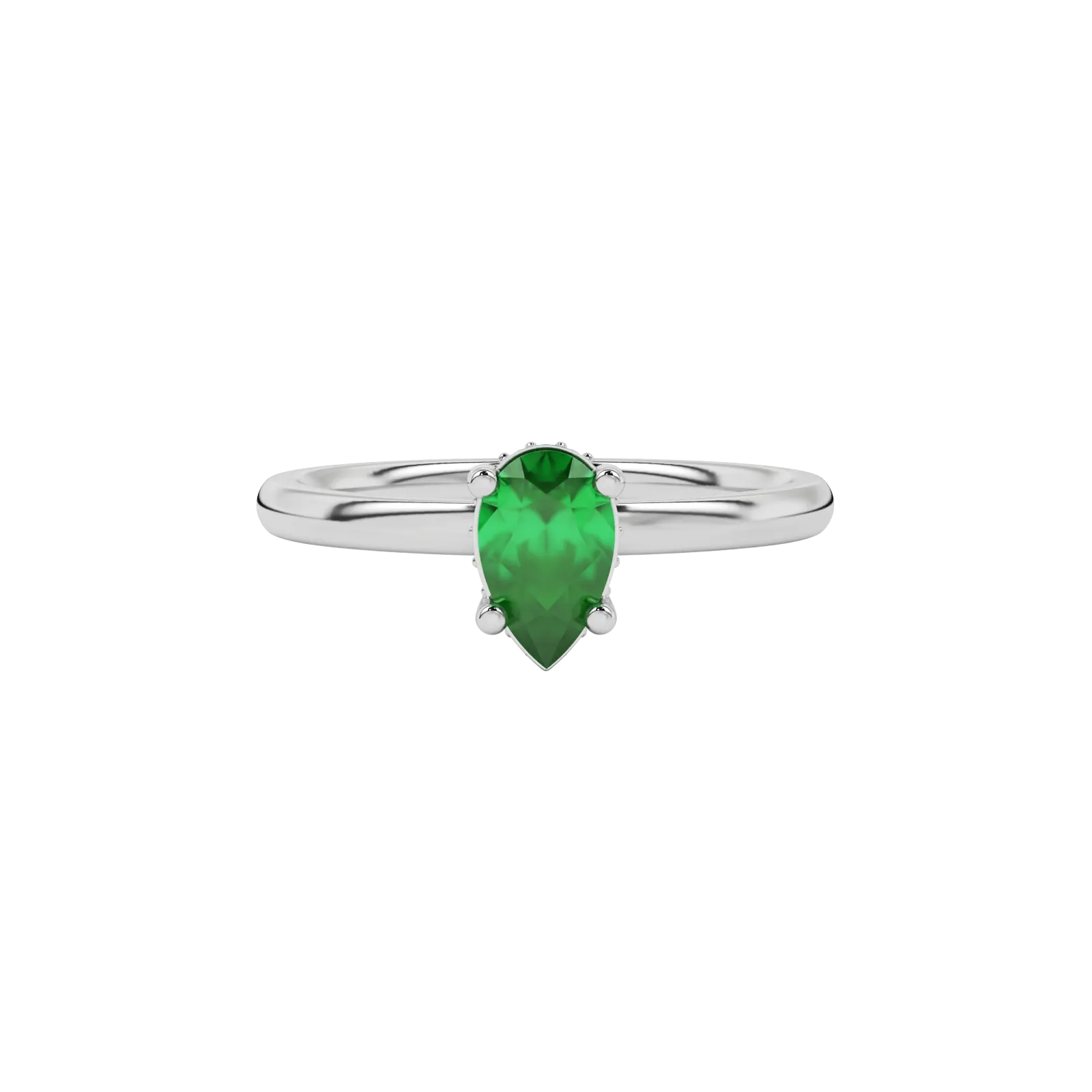 Close-up emerald green gemstone ring, white gold pavé basket.