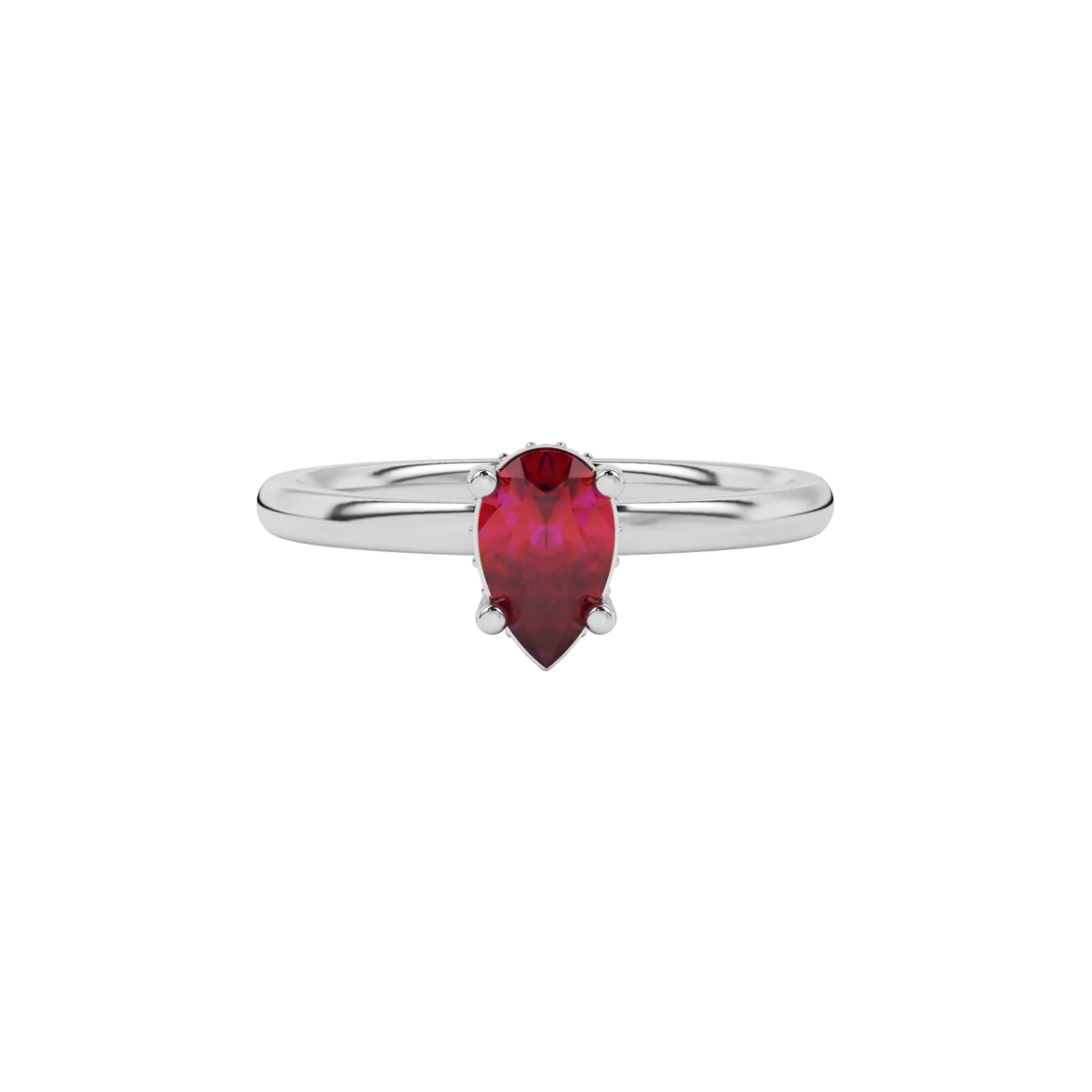 Close-up raspberry red gemstone ring, white gold pavé basket