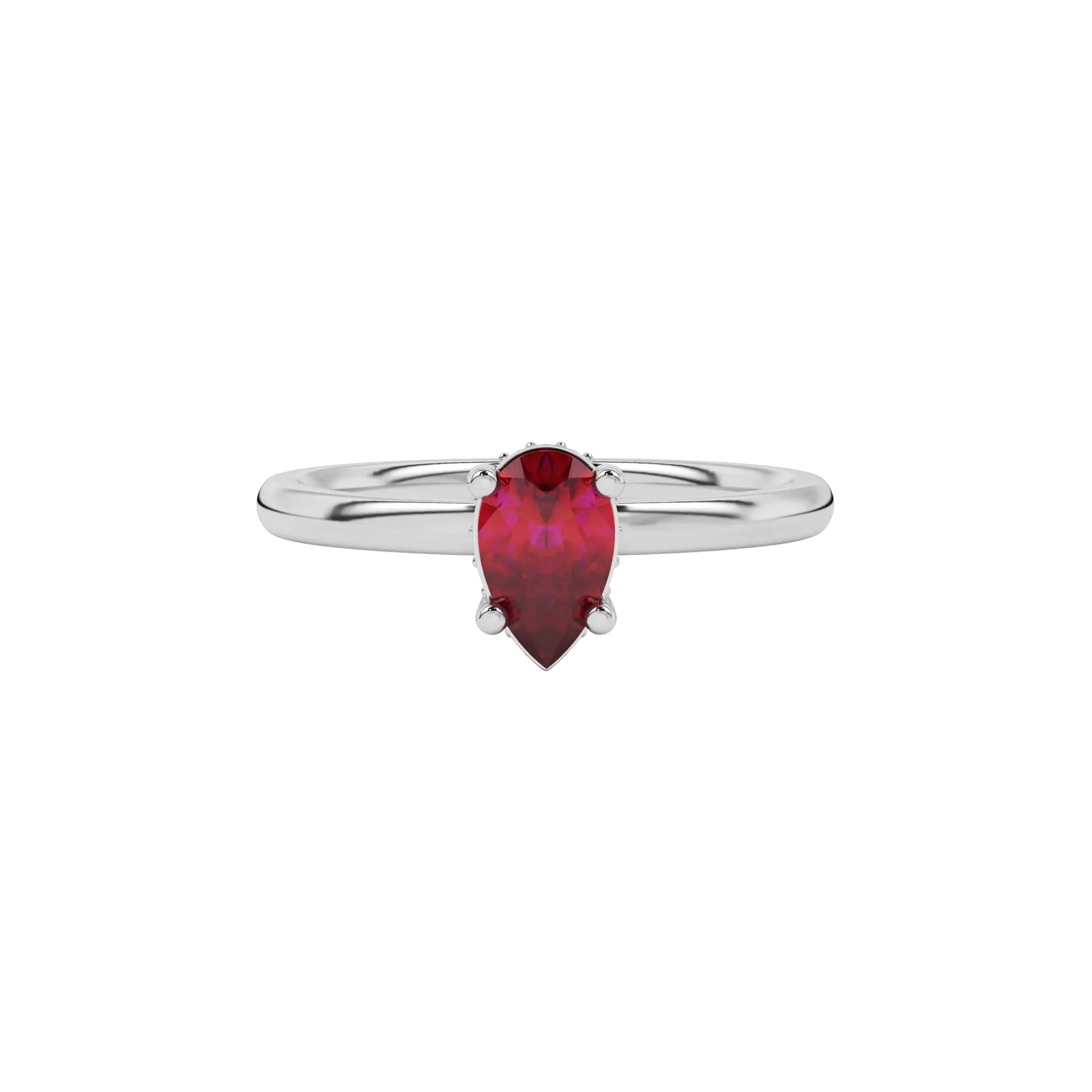 Close-up raspberry red gemstone ring, white gold pavé basket