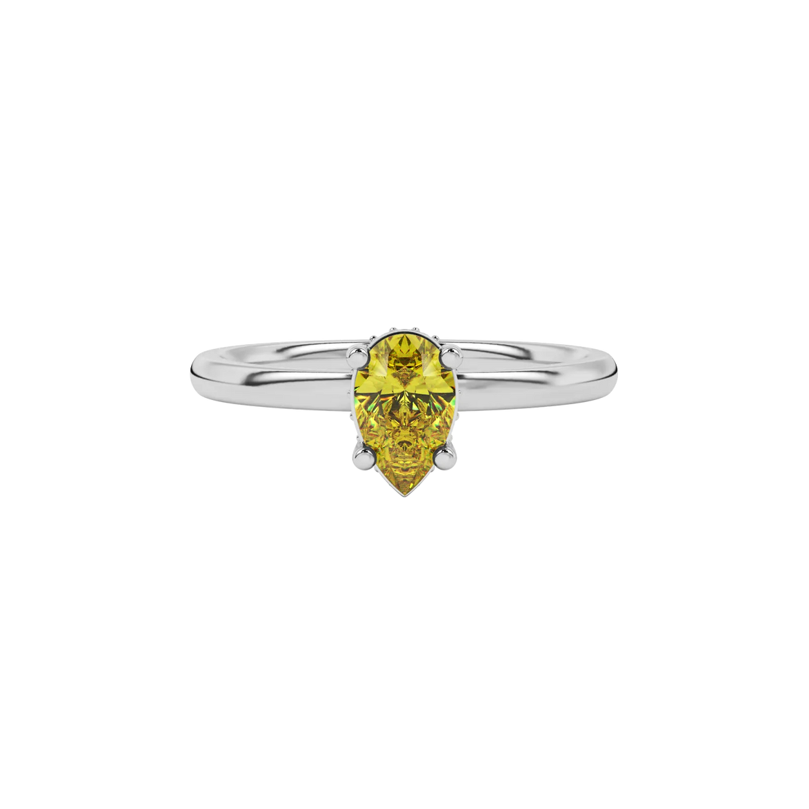 Close-up canary yellow gemstone ring, white gold pavé basket.