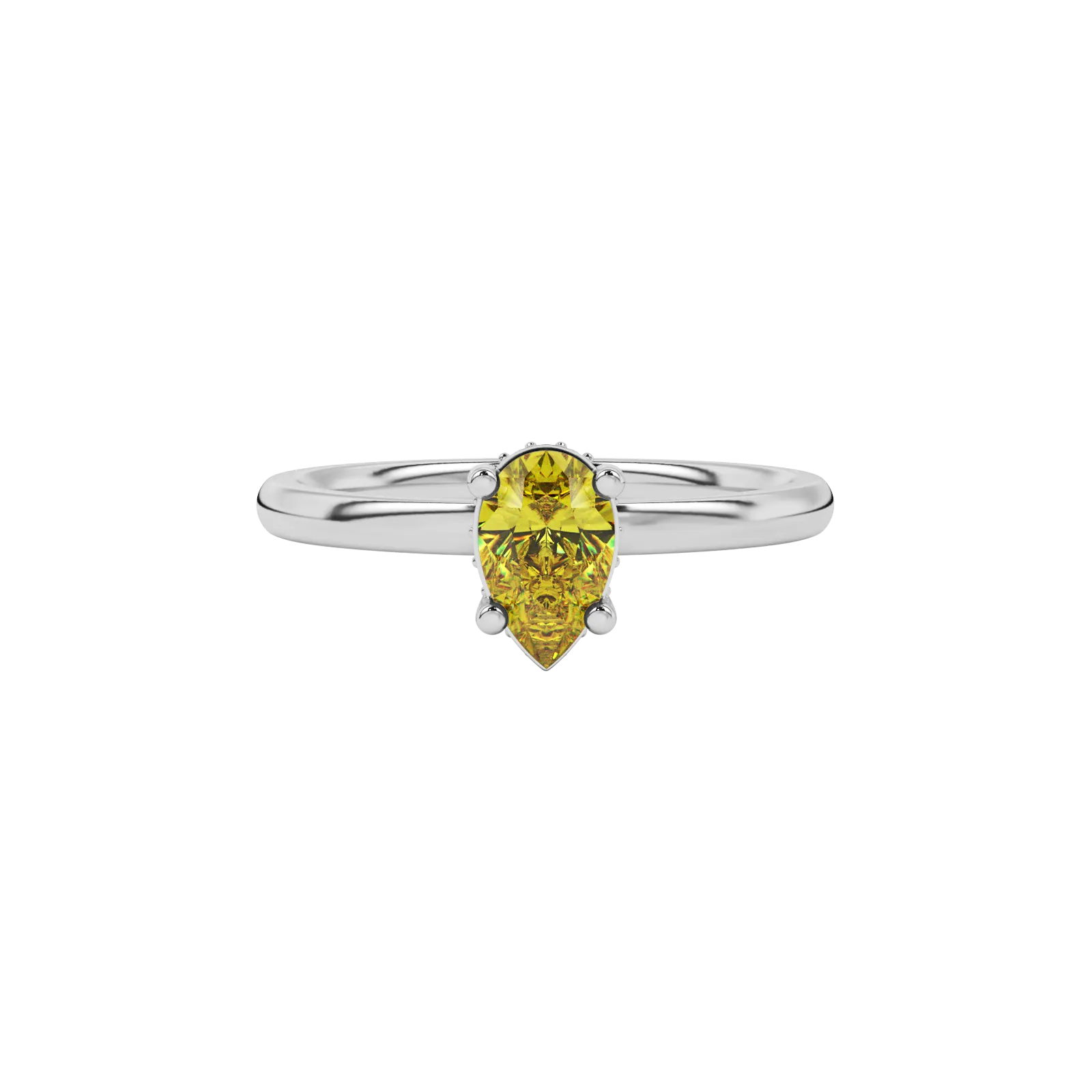 Close-up canary yellow gemstone ring, white gold pavé basket.