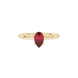 Close-up, pear shape raspberry red gemstone, yellow gold pavé basket ring.