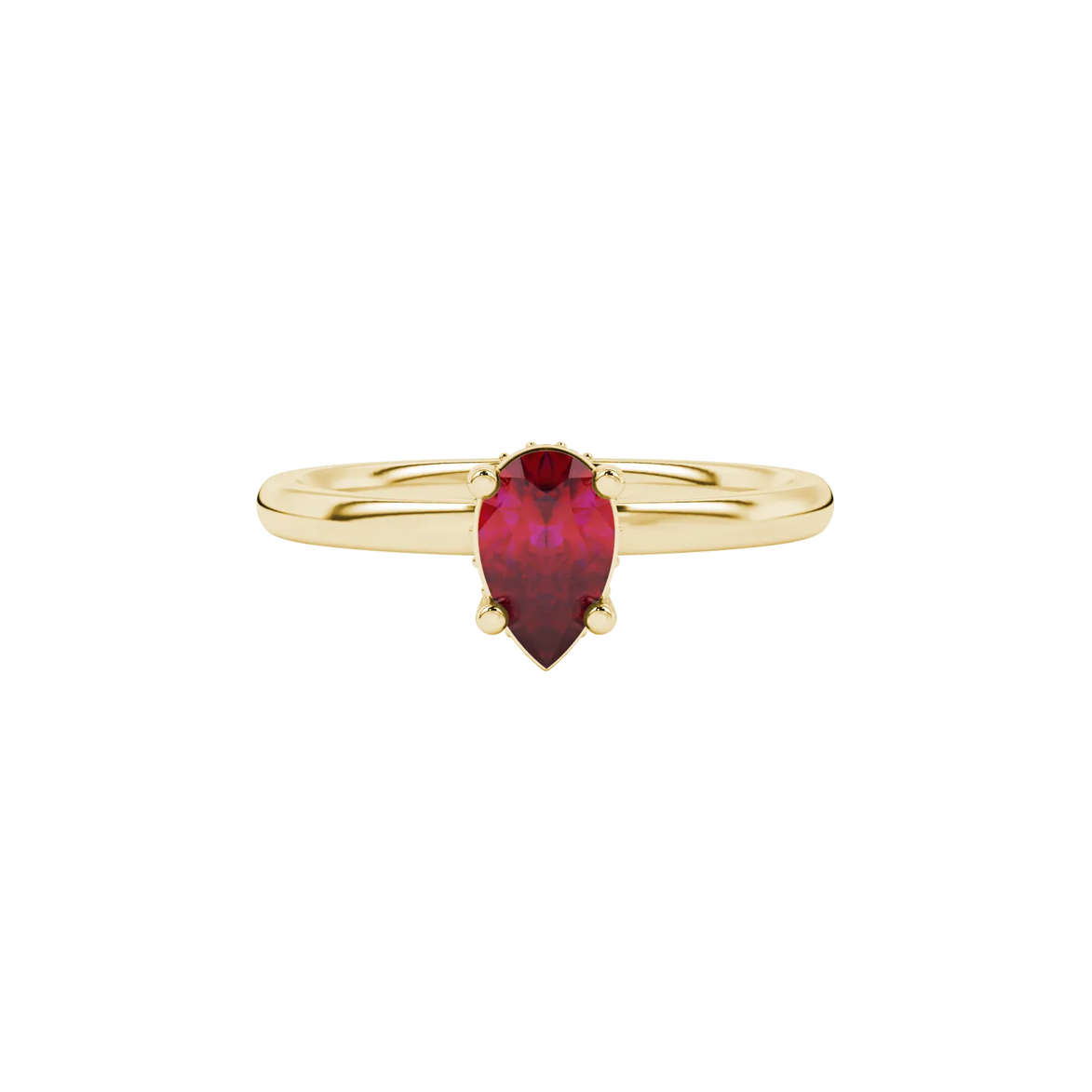 Close-up, pear shape raspberry red gemstone, yellow gold pavé basket ring.