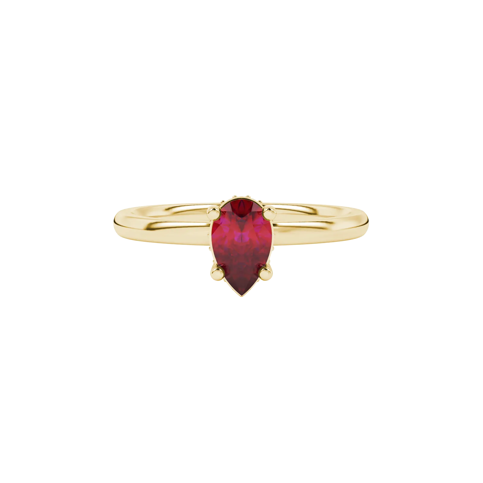 Close-up, pear shape raspberry red gemstone, yellow gold pavé basket ring.