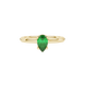 Close-up, pear shape emerald green gemstone, yellow gold pavé basket ring.