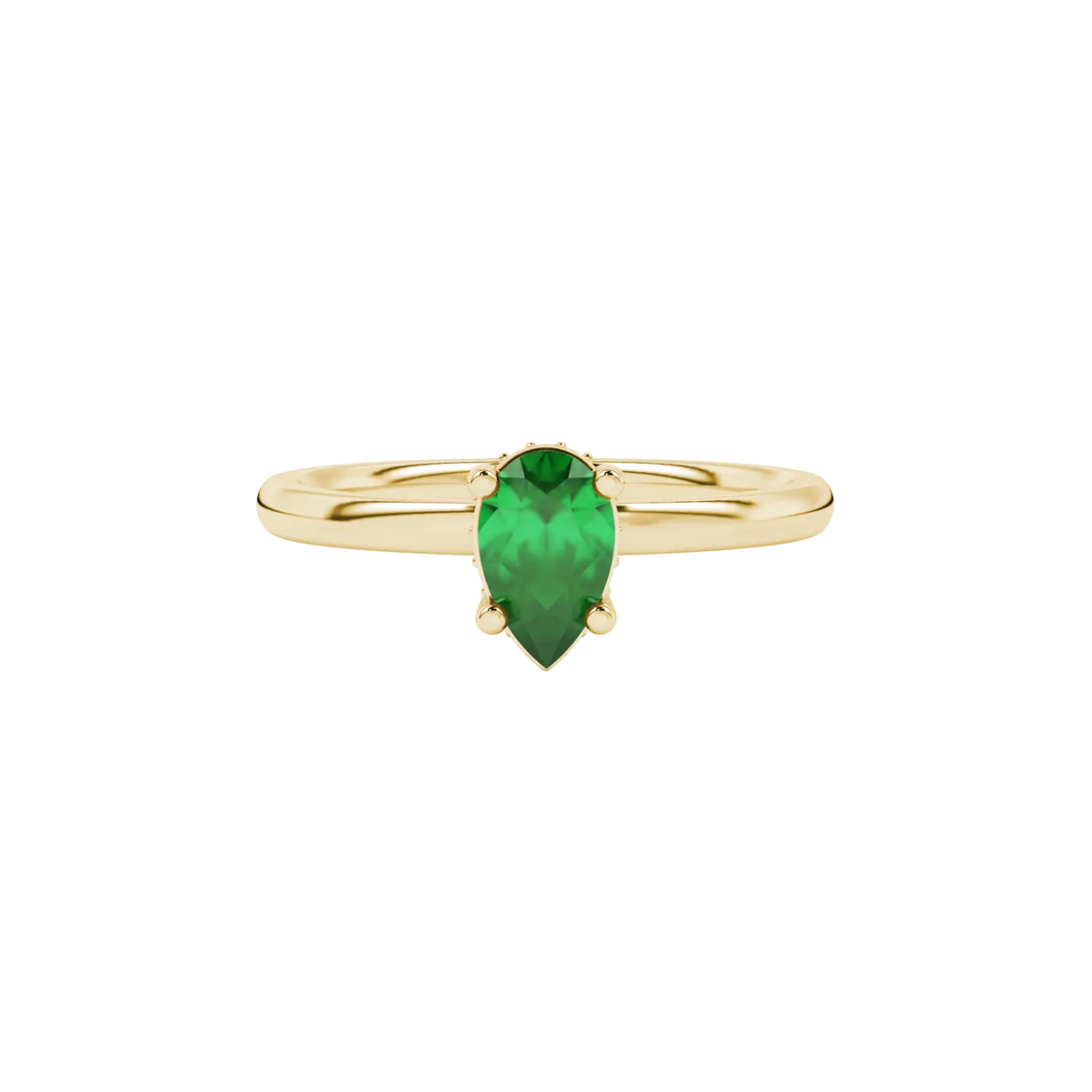 Close-up, pear shape emerald green gemstone, yellow gold pavé basket ring.