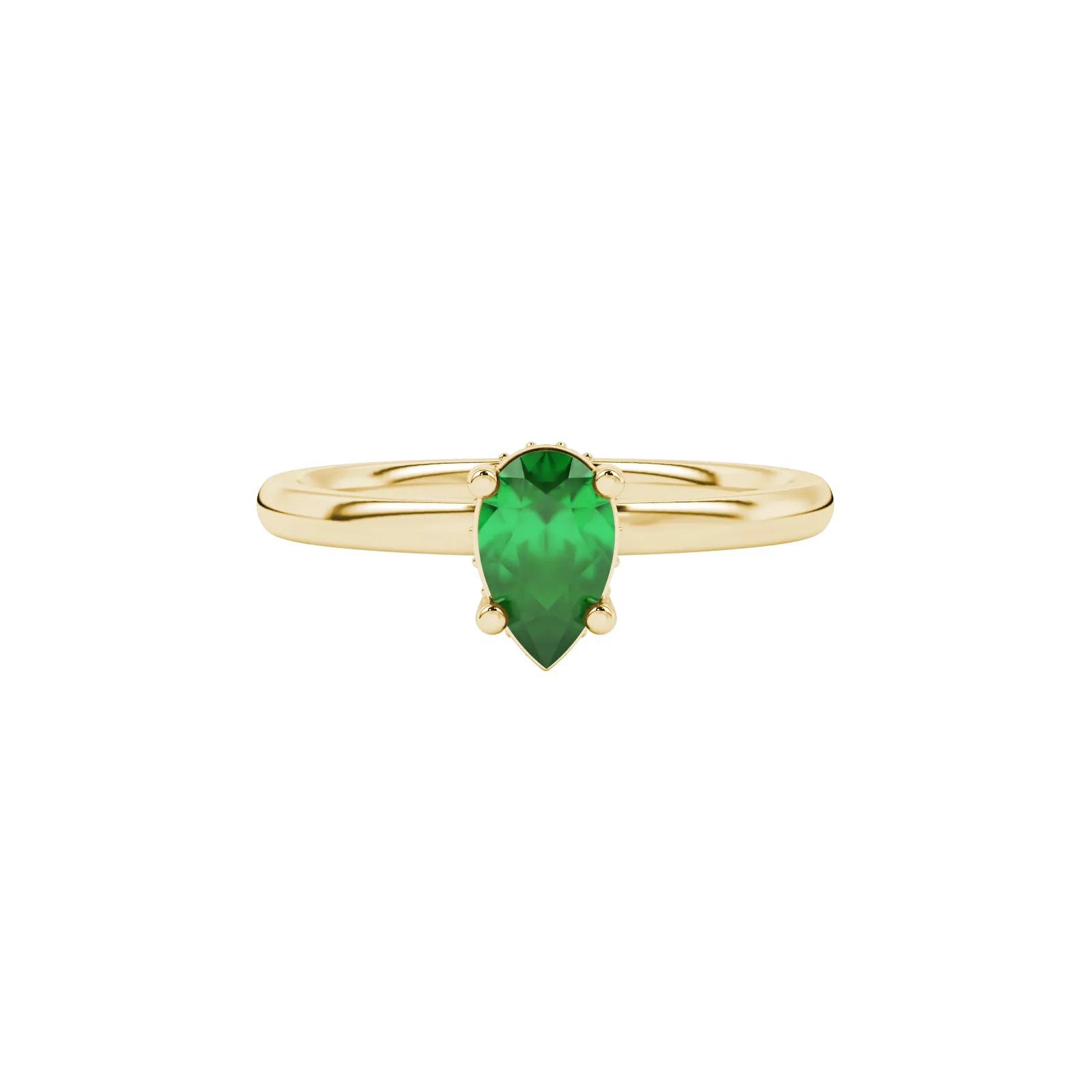 Close-up, pear shape emerald green gemstone, yellow gold pavé basket ring.