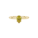 Close-up, pear shape canary yellow gemstone, yellow gold pavé basket ring.