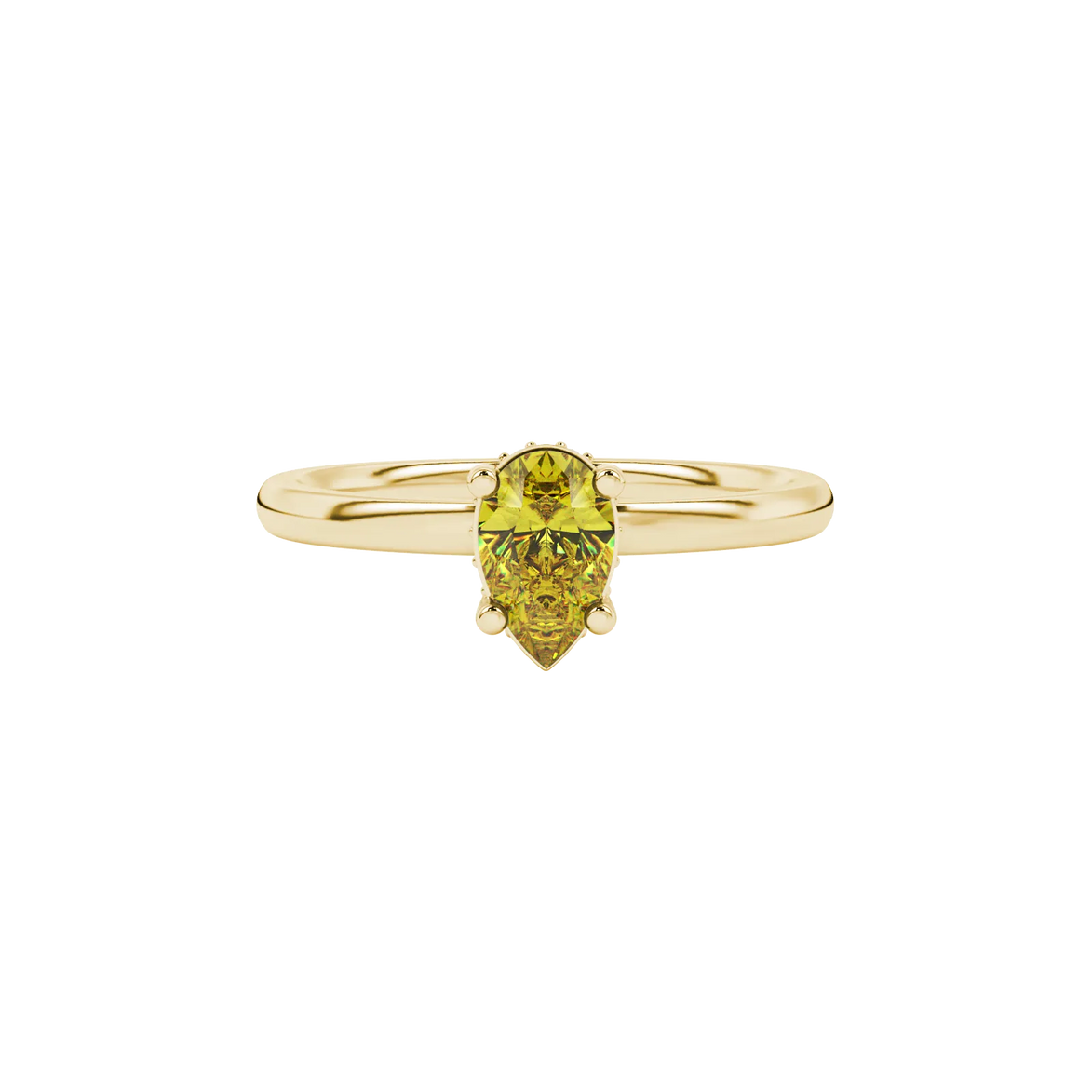 Close-up, pear shape canary yellow gemstone, yellow gold pavé basket ring.