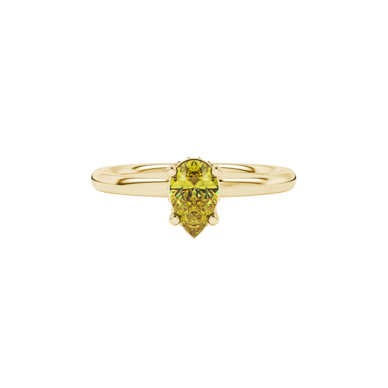 Close-up, pear shape canary yellow gemstone, yellow gold pavé basket ring.