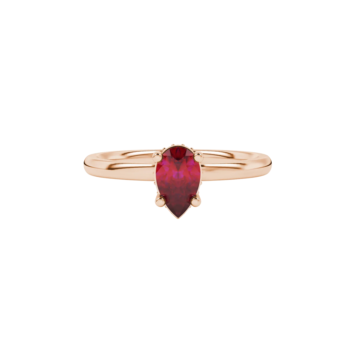 Close-up, pear shape raspberry red gemstone ring, rose gold pavé basket
