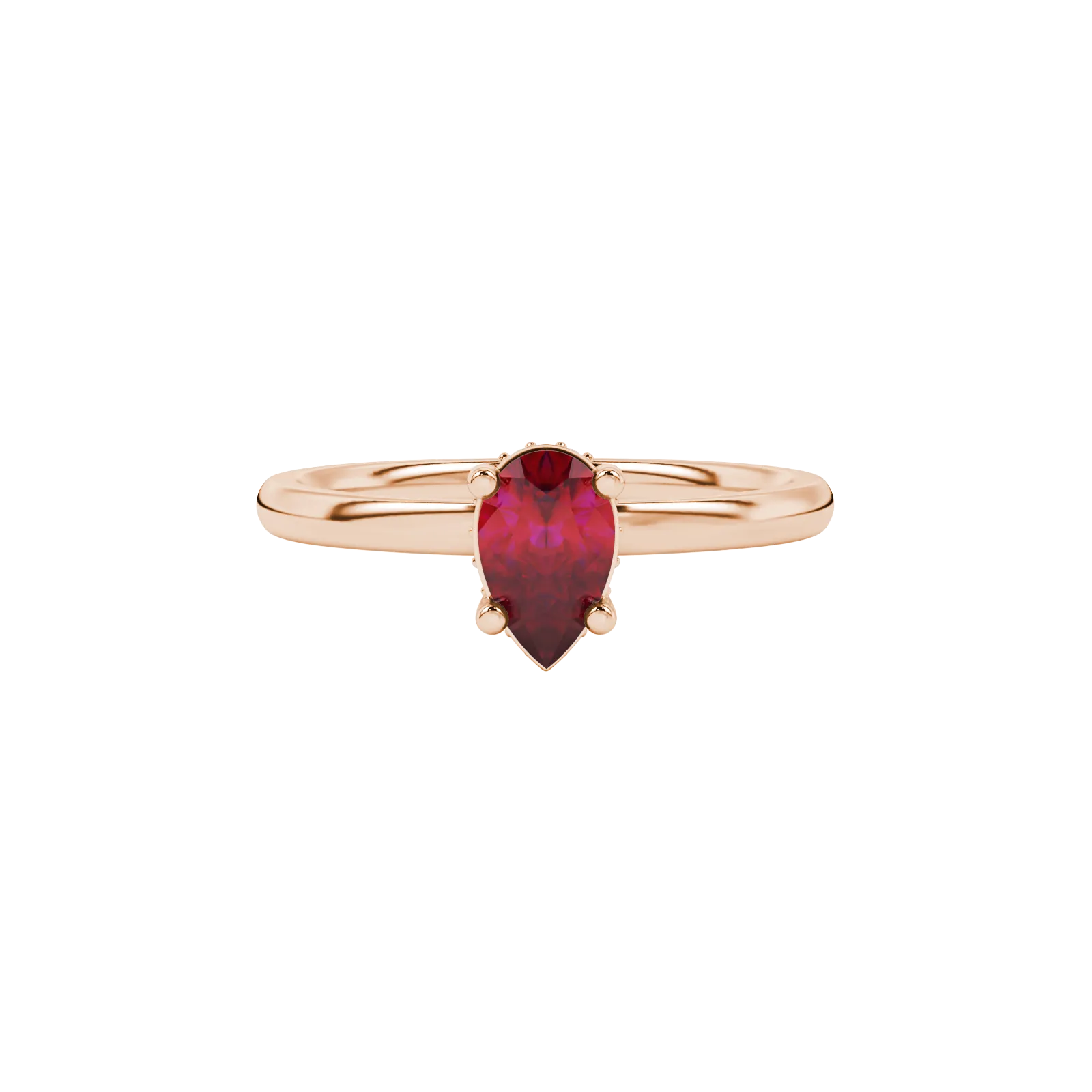 Close-up, pear shape raspberry red gemstone ring, rose gold pavé basket