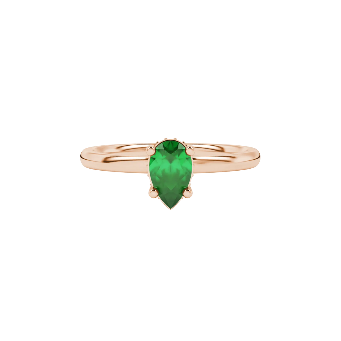 Close-up, pear shape emerald green gemstone ring, rose gold pavé basket.