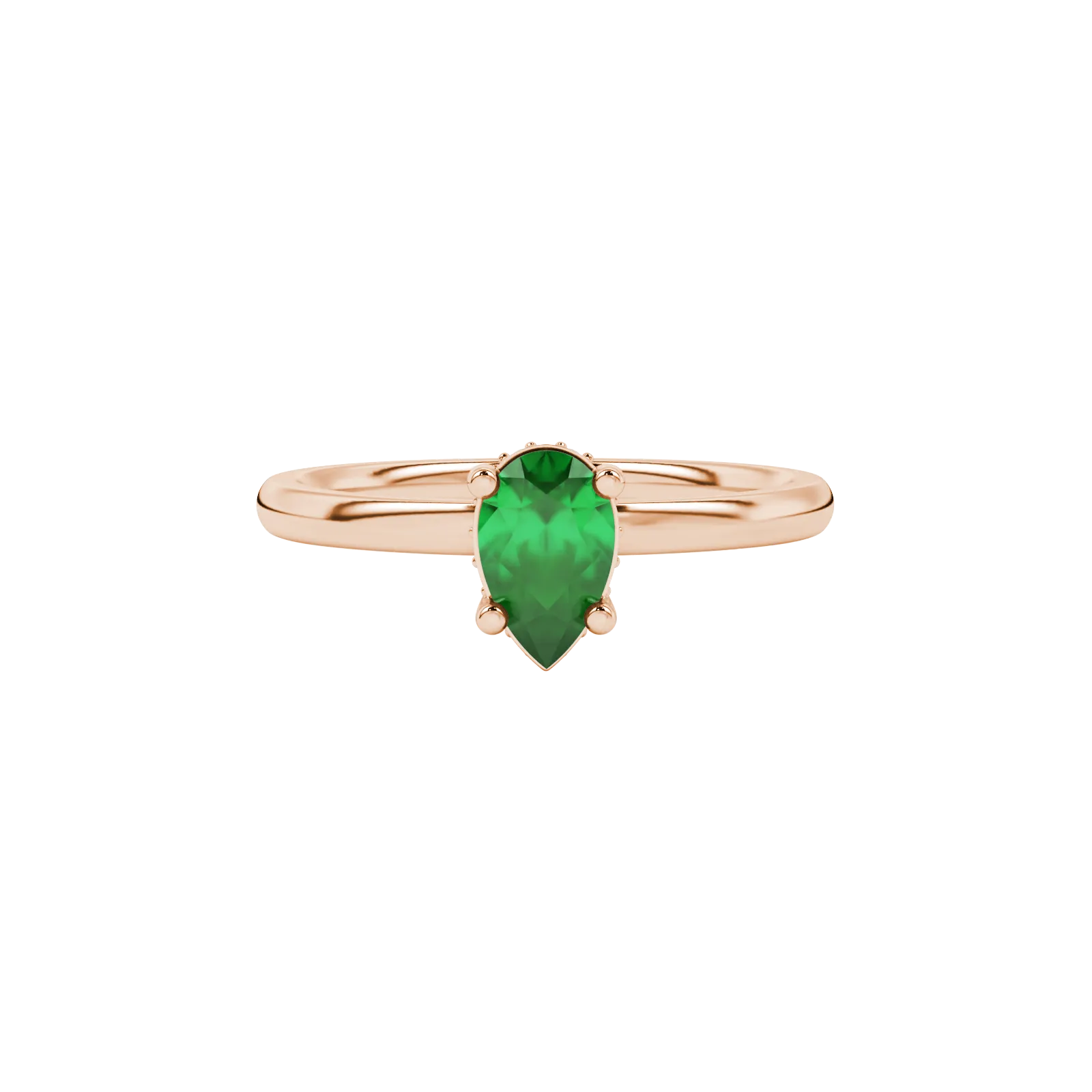 Close-up, pear shape emerald green gemstone ring, rose gold pavé basket.