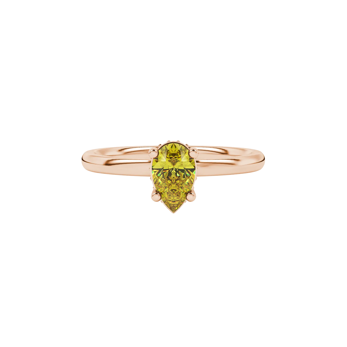 Close-up, pear shape canary yellow gemstone ring, rose gold pavé basket.