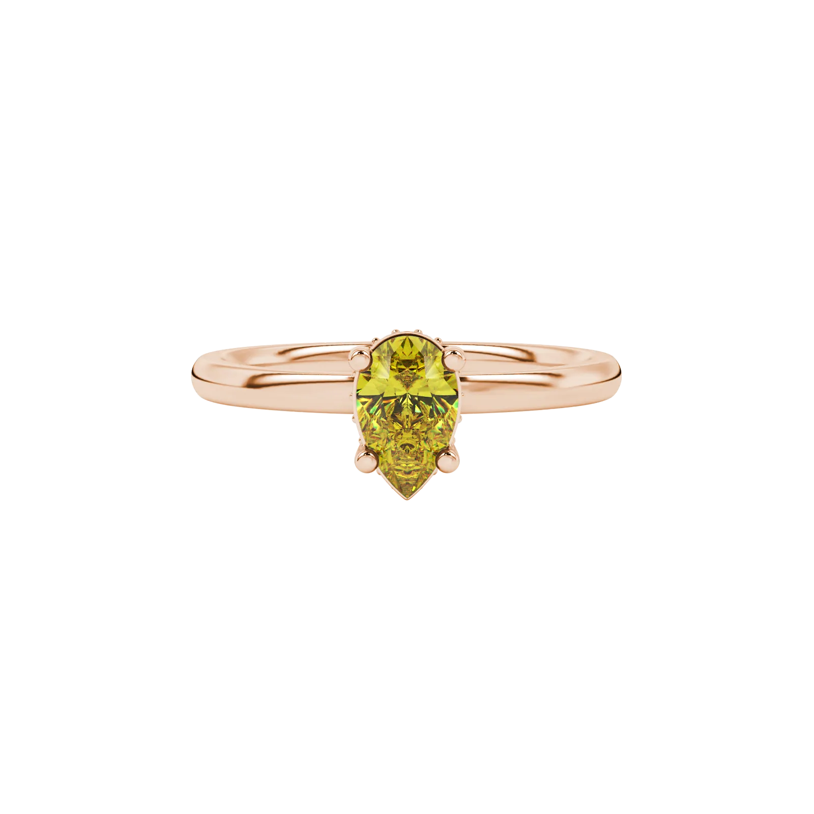 Close-up, pear shape canary yellow gemstone ring, rose gold pavé basket.