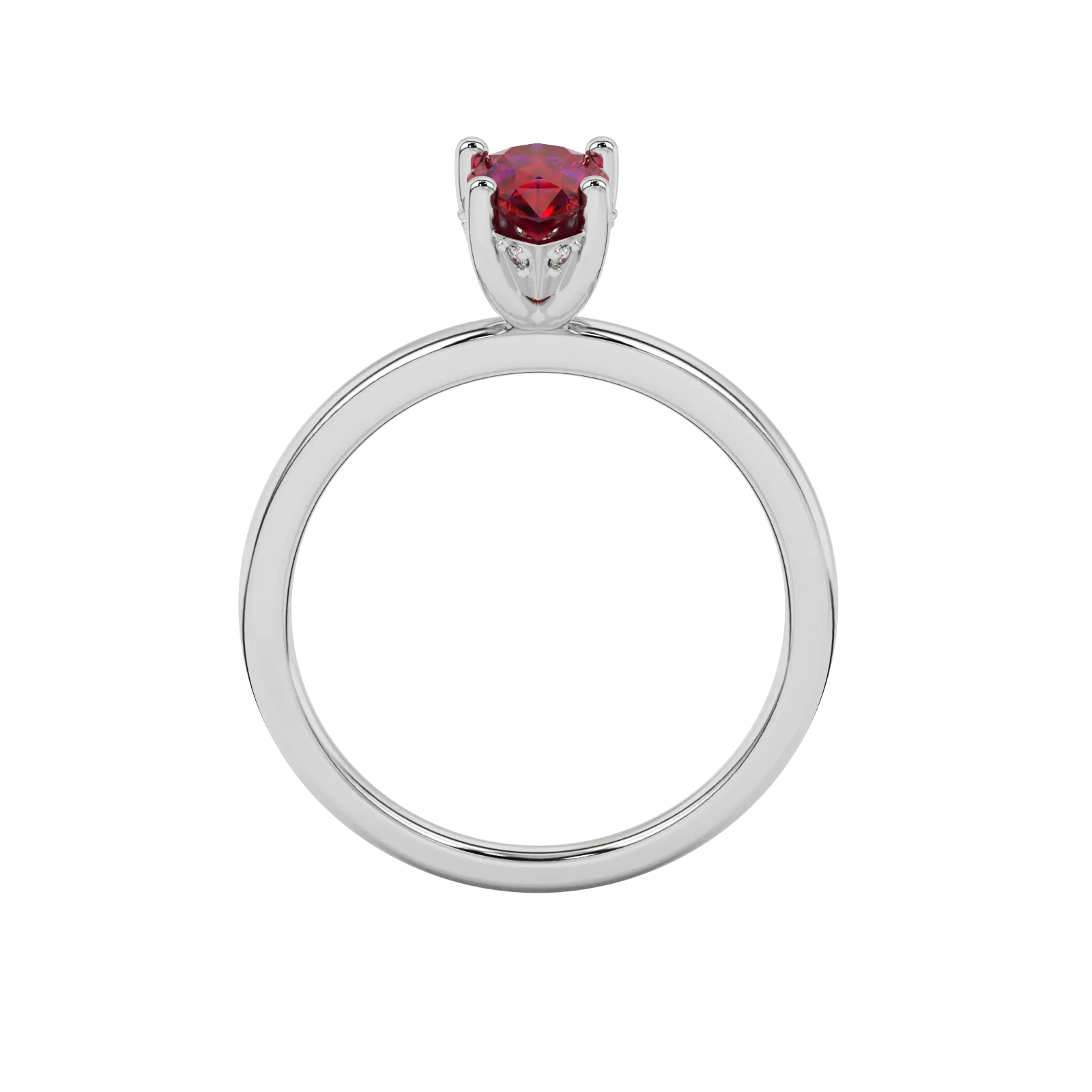 Pear shape raspberry red gemstone ring, white gold pavé basket setting.