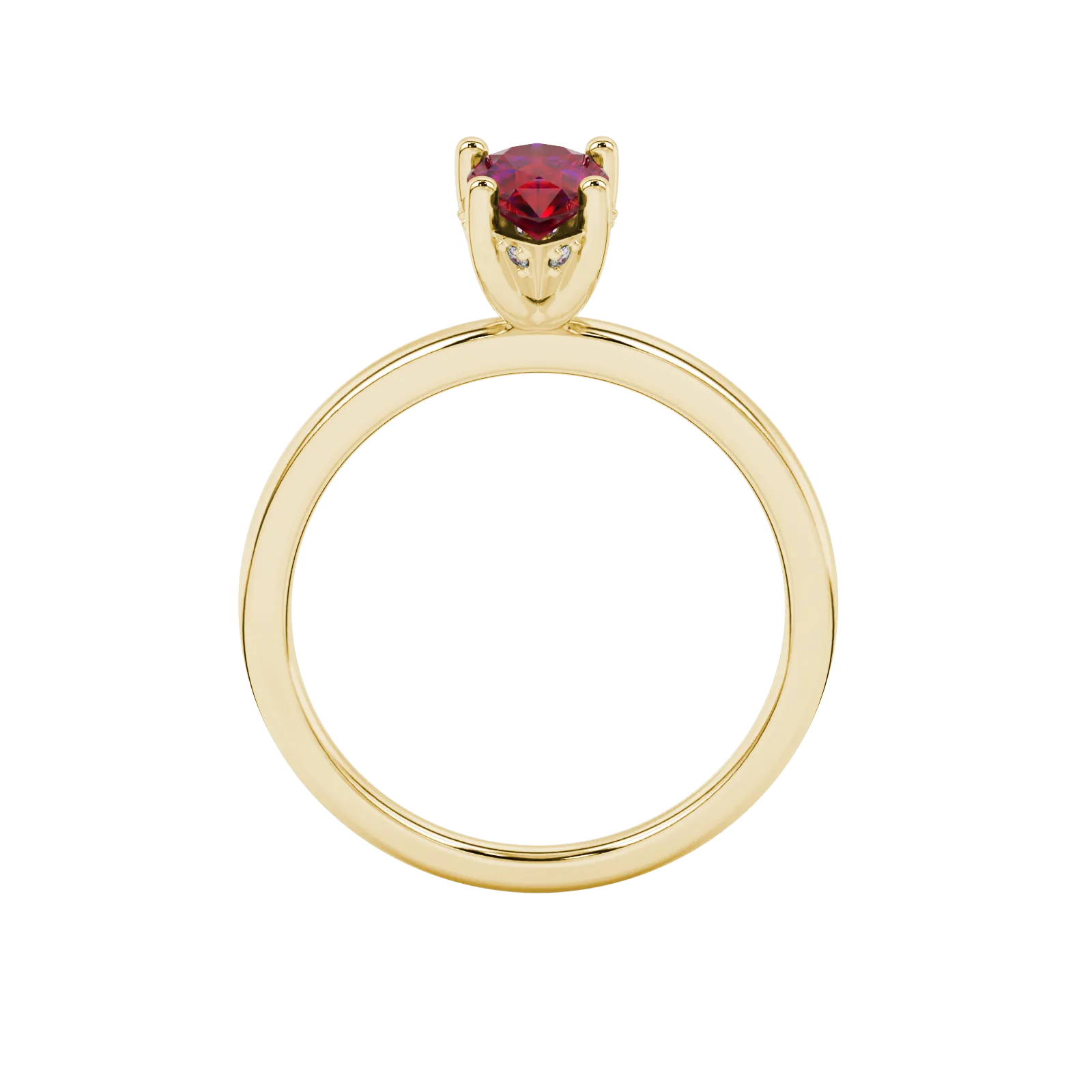 Pear shape raspberry red gemstone ring, yellow gold pavé basket setting.