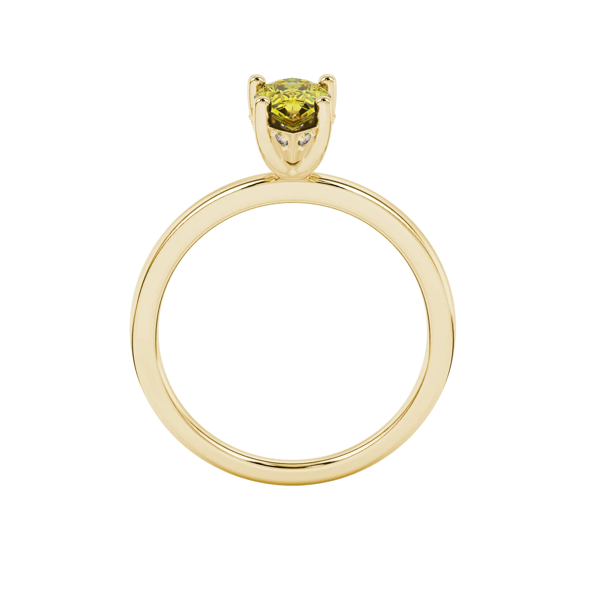 Pear shape canary yellow gemstone ring, yellow gold pavé basket setting.