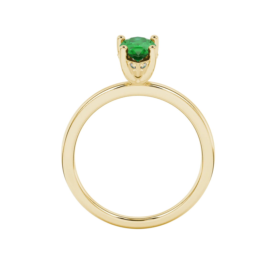 Pear shape emerald green gemstone ring, yellow gold pavé basket setting.