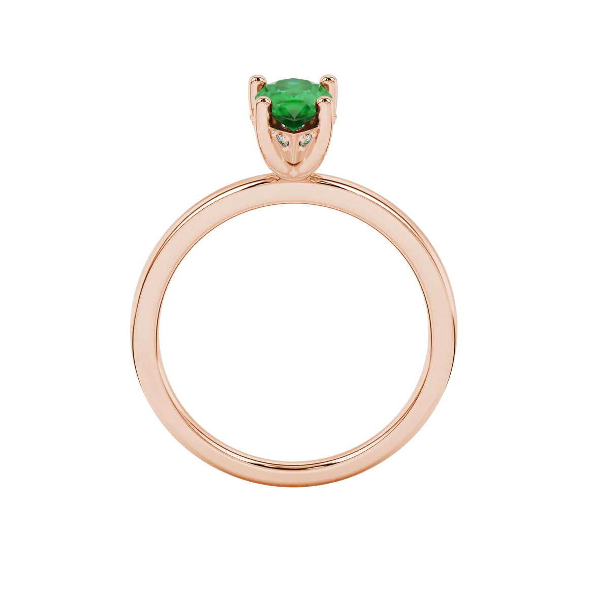 Pear shape emerald green gemstone ring, rose gold pavé basket setting.