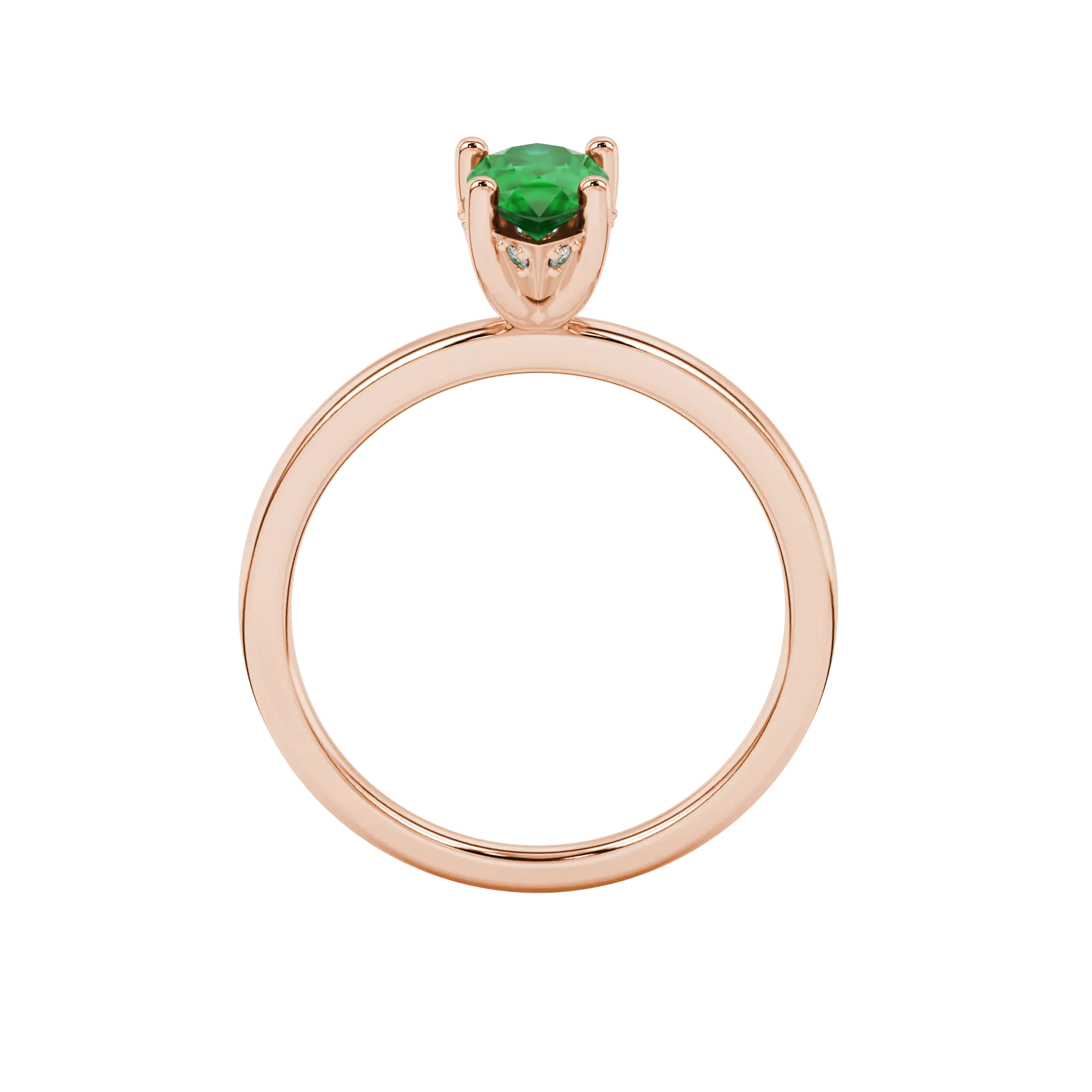 Pear shape emerald green gemstone ring, rose gold pavé basket setting.