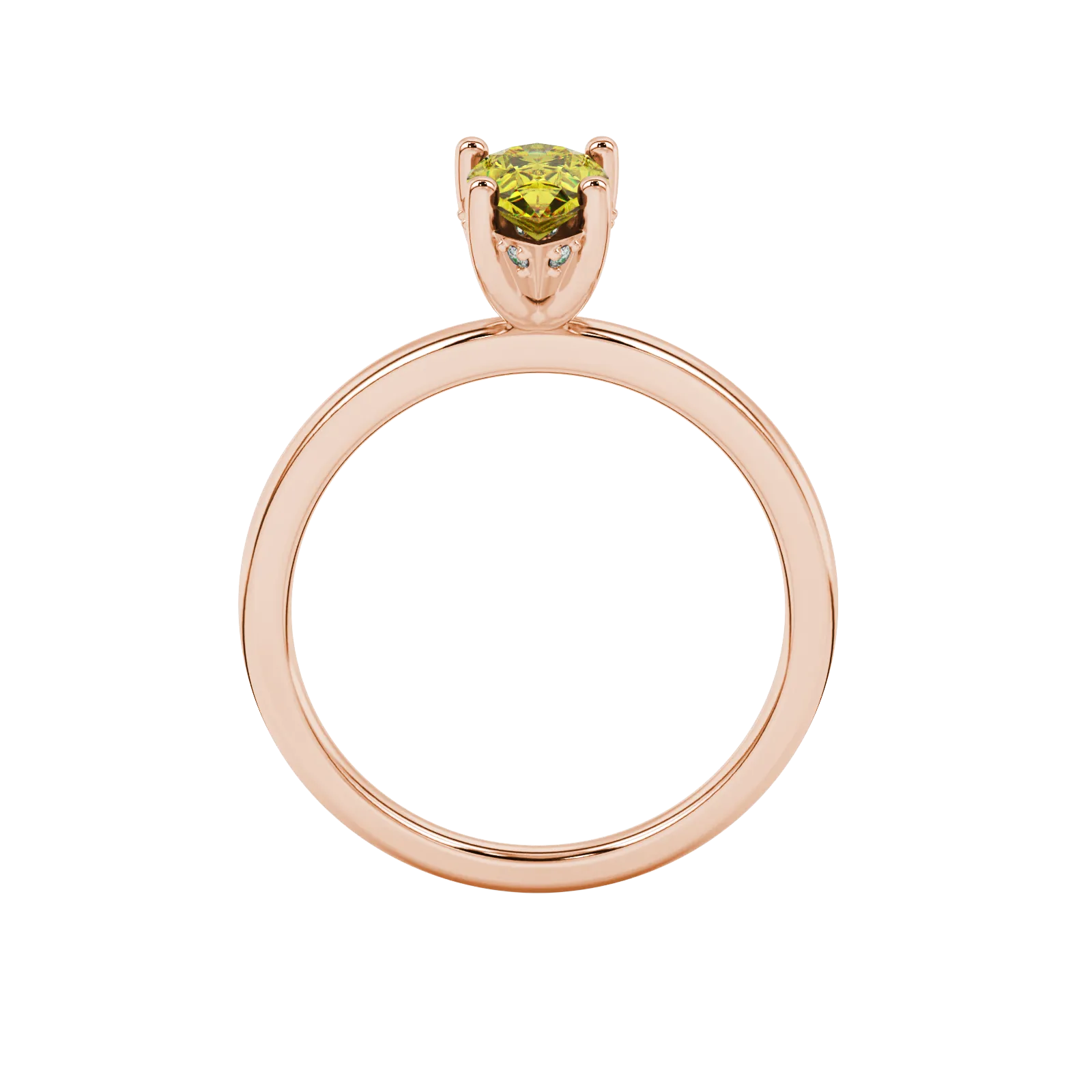 Pear shape canary yellow gemstone ring, rose gold pavé basket setting.